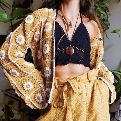 Crochet Sweater Jacket Women Autumn Handmade Hollow Out Knitted Jackets Outwear Ladies Vintgae Boho Hippie Chic Tops Mujer