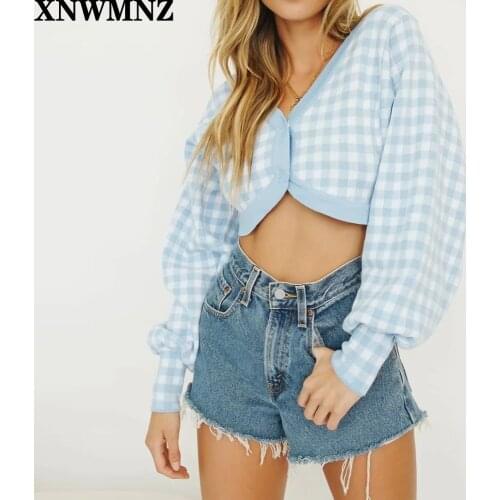 XNWMNZ za French Knitting Check Plaid Crop Cardigan Sweater Retro Woman V neck Long Lantern Sleeve Gingham Jumper Short Knitwear