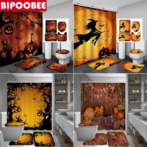 Autumn Harvest Pumpkins Print Shower Curtains Halloween Bathroom Decor Witch Bat Bath Floor Mat Non Slip Rugs Toilet Cover
