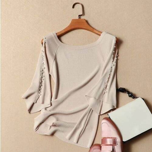 Short-Sleeved Silk Beaded Women T-Shirts Loose Knitted Solid O-Neck Flare Sleeved Off Shoulder Lady Outwear Tops