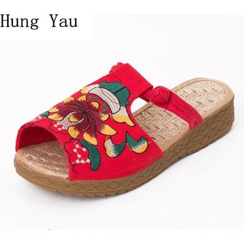 Women Slippers Flip Flop Sandals Summer National Style Embroider Hemp Wedges Fashion Non-Slip Peep Toe Platform Comfortable