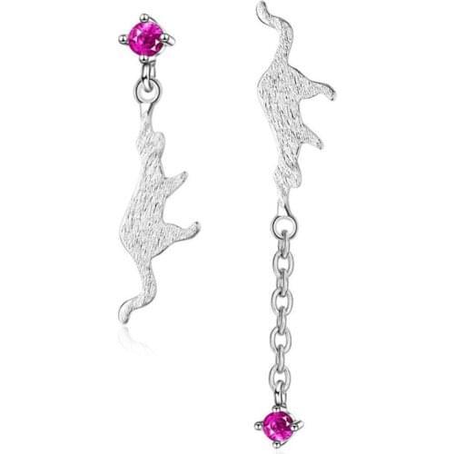 KOFSAC Trendy 925 Sterling Silver Earrings For Women Jewelry Exquisite Purple Zircon Cute Cat Asymmetry Stud Earring Accessories