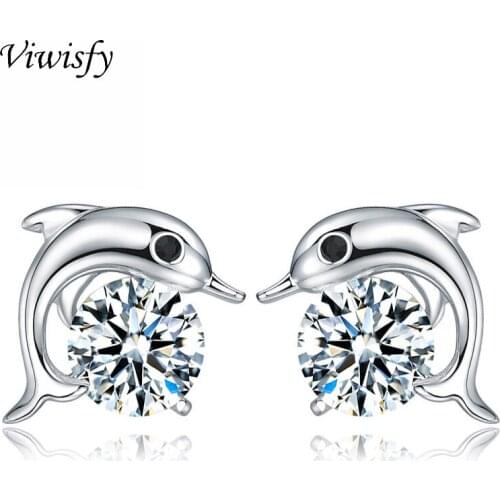 Viwisfy Crystal Real 925 Sterling Silver Cute Dolphin Stud Earrings For Women Wedding Gift Jewelry VW21062