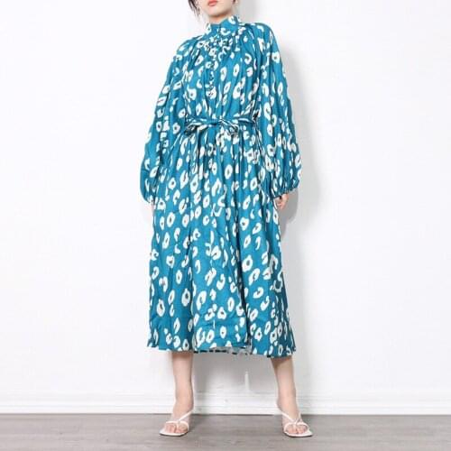 New Vintage Print Women Long Dress 2021 Autumn New Stand Collar Lantern Sleeve High Waist Retro Lady Dresses Vestidos