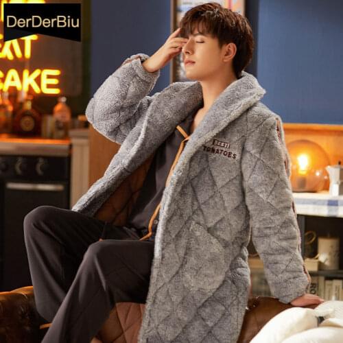 Winter 3 Layers Thick Nightgown For Men Flannel Bathrobe Large Size XXXL Long Robe Male Loose Home Wear Keep Warm Sleepwear Gown