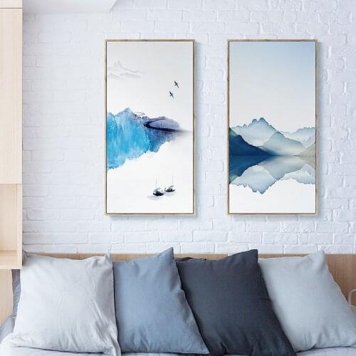 Abstract Wall Art Chinese Traditional Mountain Water Boat Fog Poster Nature Canvas Print Long Size Wall Pictures for Living Room