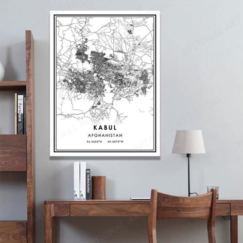 Afghan Black White Image Line Map Poster, KABUL Geography Location Art Prints, Minimalism Location Home Decor