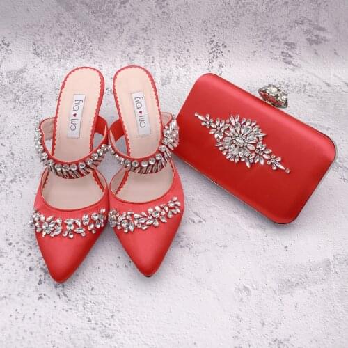 BS1254 Custom Made High Heels Women Slipper Sandals Wedding Shoes Slides Red Rhinestones Crystal Shoes And Bag Set