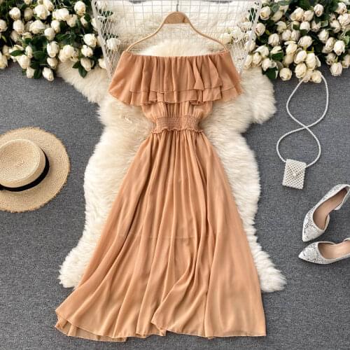 Croysier Midi Dress Women Solid Color Casual Chiffon Dress Elegant Double Ruffle Sexy Off Shoulder Dress Summer Clothes Sundress