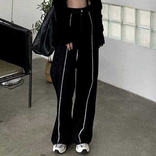 Women Jeans Black Solid Pants Front Line Edge 2021 Summer High Waisted Streetwear Casual Straight Jeans Full Length Denim Jeans