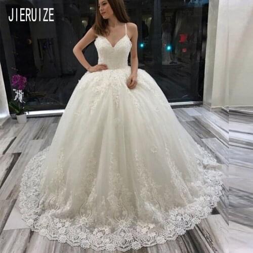 JIERUIZE White Elegant Wedding Dresses Spaghetti Straps Backless Customize Ball Gown Bridal Dresses Appliques vestido de novia