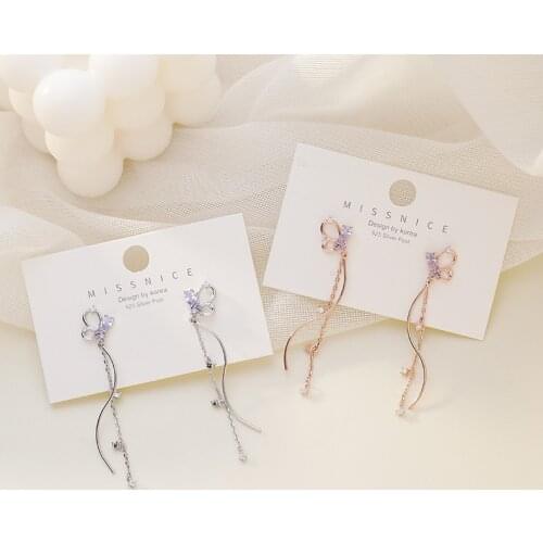 Korean Fashion Purple Crystal Earrings Micro-inlaid Zircon Metal Butterfly Chain Tassel Long S-shaped Curve Earrings for Women