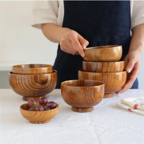 Creative Japanese Anti-Scalding Natural Wooden Bowl Tableware Soup Salad Rice Noodles Food Container Dinnerware Kitchen Utensils
