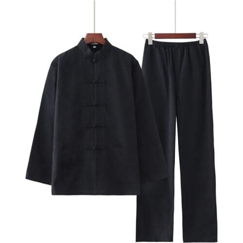 Mens 100% Cotton Solid Color Kung Fu Suit New Chinese Style Wu Shu Shirt&Trousers Sets Hot Sale Tai Chi Clothing M-4XL