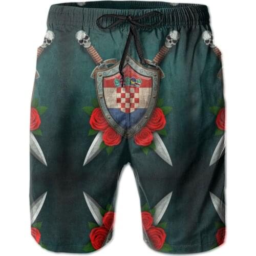 Male Shorts Beach R333 Breathable Quick Dry Funny NoveltyCasual Croatian Flag On A Worn Shield And Crossed