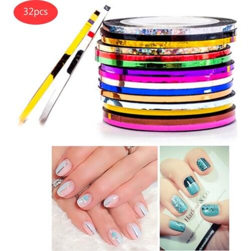 32Rolls Mixed Colorful Nails Beauty Rolls Striping Decals Foil Tips Tape Line DIY Design Nail Art Stickers Nail Tools Decoration