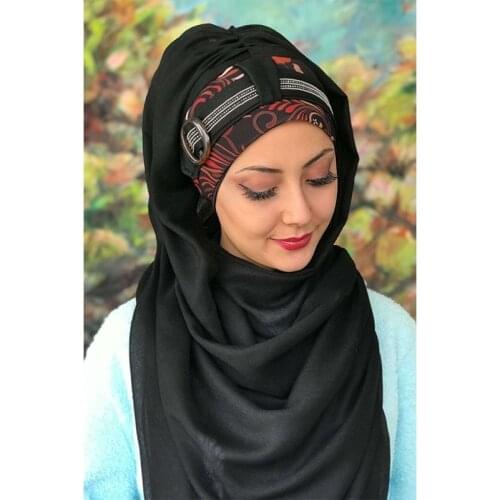 Yeni Moda Hijab Müslüman Başörtüsü 2020 Sonbahar Kış İslami Türban Şapka Fular Tokalı Taşlı Kiremit Desenli Siyah Hazır Şal