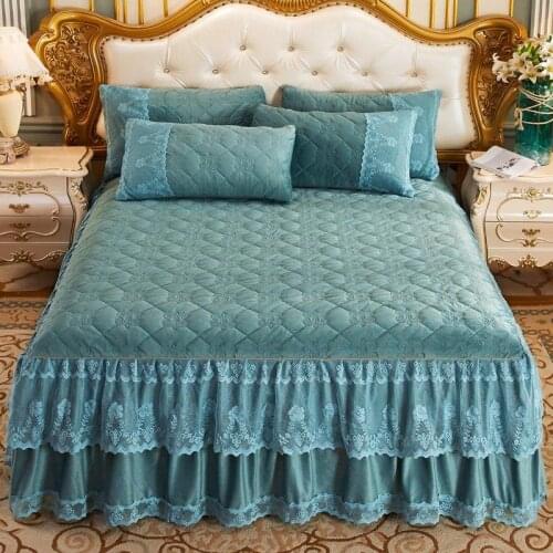 2020 new products Thickened quilted crystal velvet Bed spread Fitted Sheet Pillowcases 2/3pcs Double lace princess Bedding