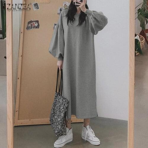 ZANZEA Vintage Puff Sleeve Sweatshirt Dress Womens Autumn Sweatshirts Solid Split Maxi Vestidos Female O Neck Robe Plus Size 7