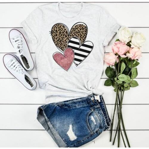 Pink Leopard Plaid Stripe Hearts Rose Gold Valentine Day Shirt O Neck Women Tshirts Cotton Casual Female Clothing Short Sleeve