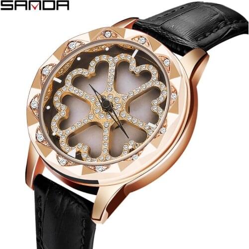 SANDA Top Luxury 360 Degree Rotation Ladies Watch Creativity Dial Womens Quartz Watches Fashion Leather Strap Clock relogio