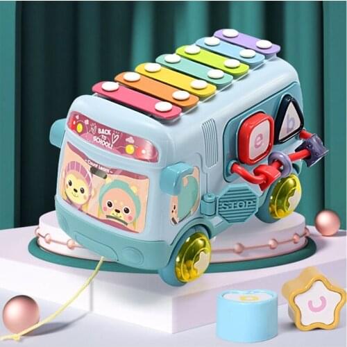 Y4UD Intellectual School Bus Toy Push Pull Xylophone Piano Knocking Music Toys Shape Sorter Bead Maze Kids Birthday Favors