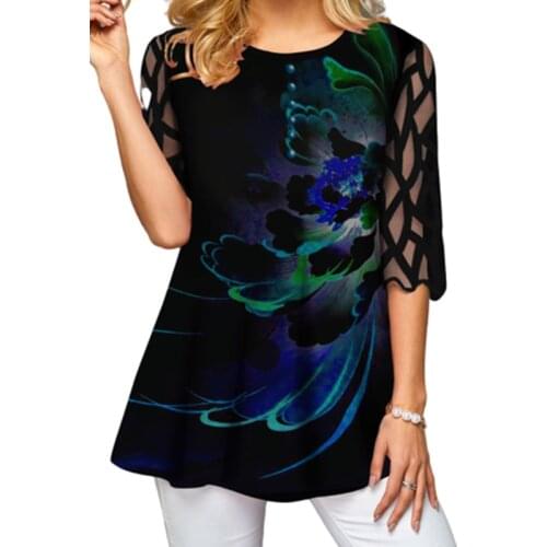 5XL Plus Size Floral Shirt Women Print Tops New Spring Summer Organza Sleeved Tees 2020 Fashion Lady Shirts Mesh Patchwork 3XL