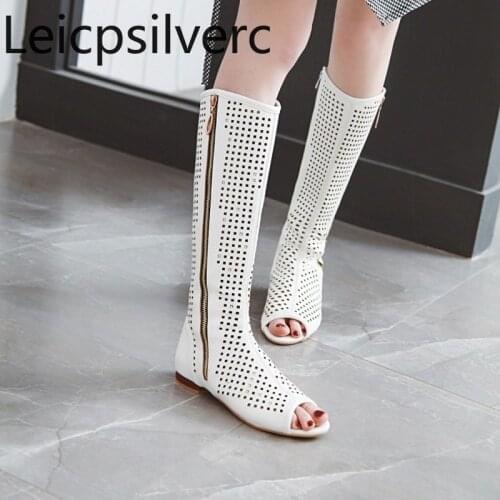 Womens Boots summer The New Fish mouth Open toe zipper Hollow Thick heel Low-heeled High tube Womens shoes plus size 34-48