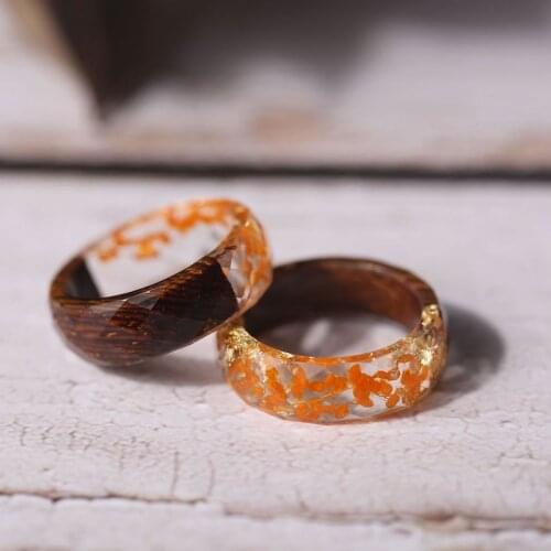 Wood and Yellow Flowers Rings For Women Transparent Epoxy Resin Rings Vintage Female Statement Party Charm Jewelry TN-0215
