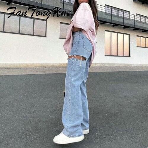 Straight Jeans Women 2021 Autumn Light Blue Hole Streetwear Baggy Denim Pants Women High Waist Long Ripped Jeans for Womens