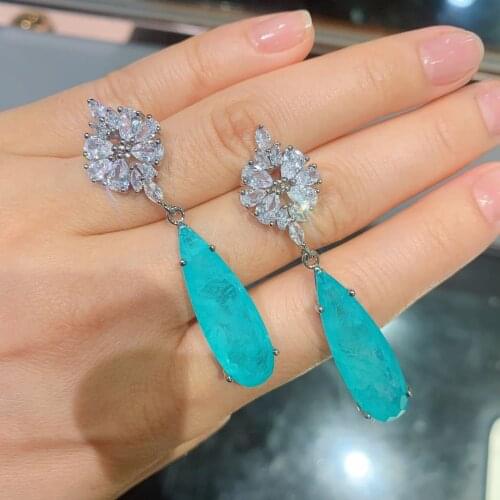 QTT GZ Brazilian Paraiba Tourmaline Gemstones Drop Earrings For Women Genuine 925 Sterling Silver Earrings Party Gift 2021 New