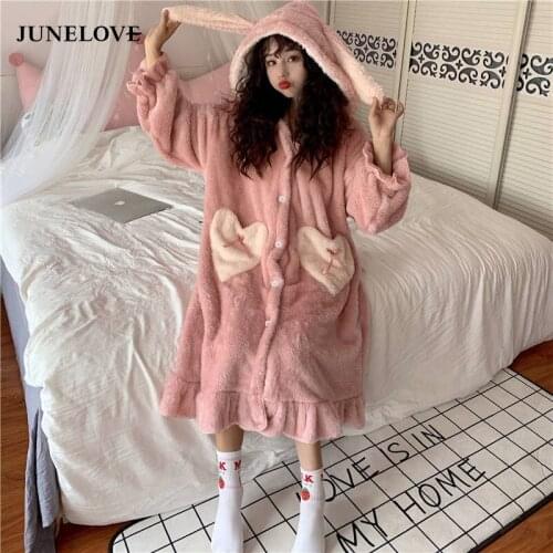 Women Winter Thick Coral Velvet Kawaii Rabbit Ears Nightgowns Pocket Girls Homewear Korean Fashion Femme Sleepshirts Nightdress