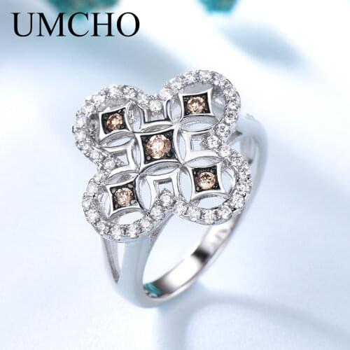 UMCHO 100% Real 925 Sterling Silver Flower Yellow AAA+ Cubic Zircon Rings For Women Anniversary Wedding Gift Fine Jewelry