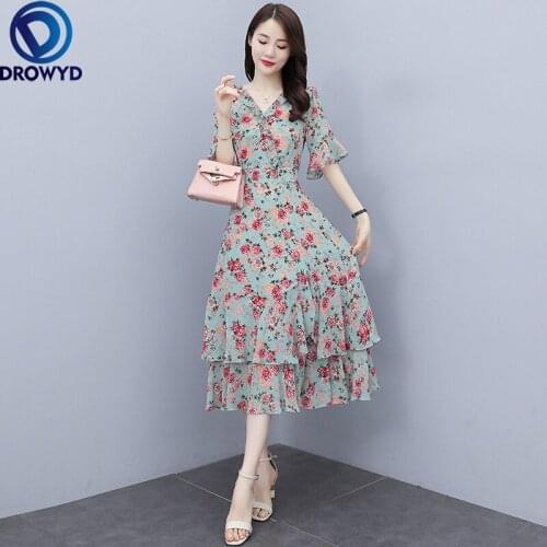 Vintage French Style Floral Chiffon Dress Female Summer 2021 New Ruffled Temperament V-Neck Dress Elegant Ladies Party Vestidos