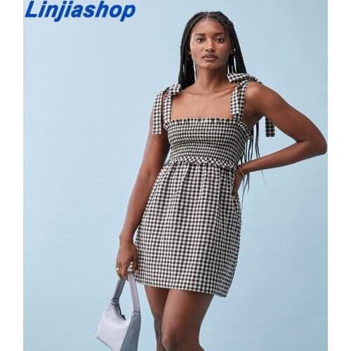 Chic White Black Tartan Print Mini Dress Retro Sexy Adjust Spaghetti Straps Vestidos Vintage Elastic Dress
