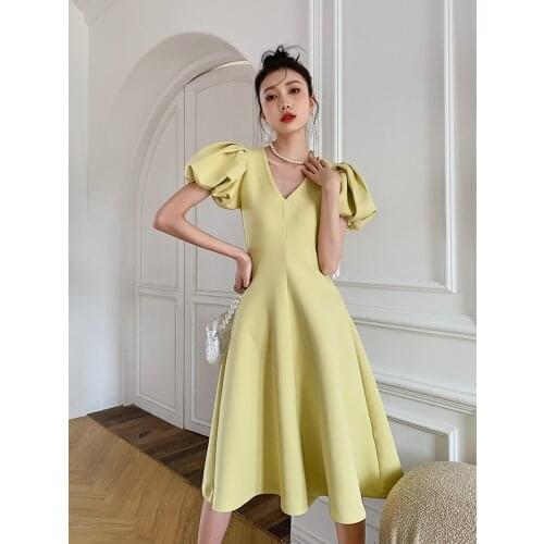 Korobov Korean Chic Summer Dress Vintage V Neck Puff Short Sleeve Women Dresses Sweet High Waist A-Line Yellow Vestidos