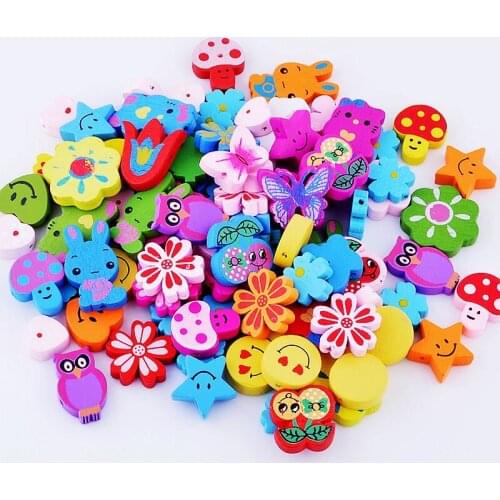 100pcs Various Shapes Multicolor Cute Wood Beads 13-30mm