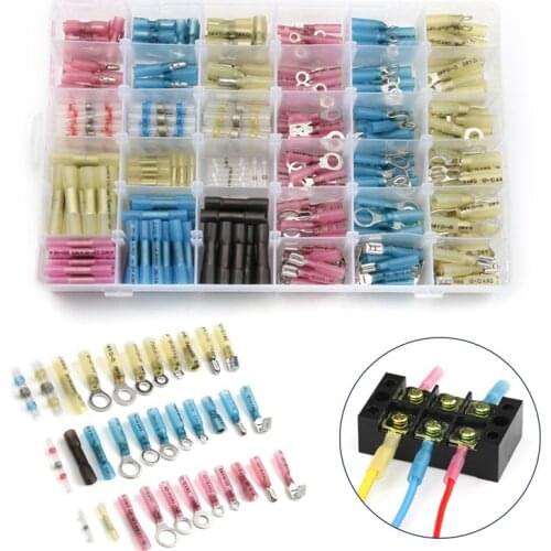 420pcs Insulated Solder Sleeve Butt Terminal Heat Shrink Butt Piggyback Bullet Ring Crimp Waterproof Wire Cable Connector Kit
