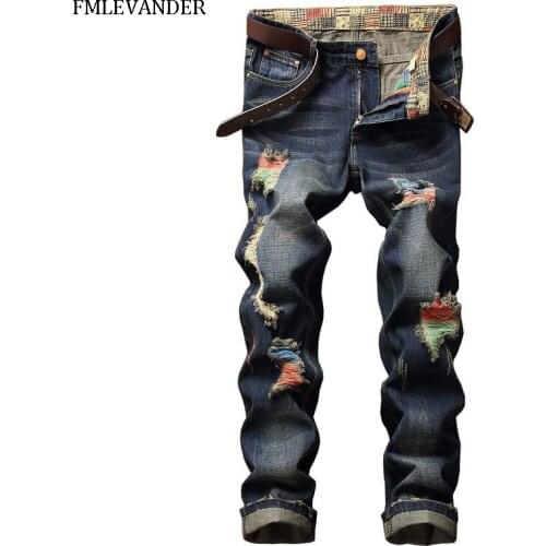 High Quality Tie-dyed Hole Denim Biker Jeans For Men Large Size 40 42 Retro Straight Slim Pants Jeans