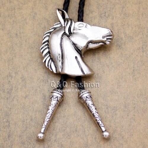 Vintage Silver Plated Bronco Horse Head Line Dance Rodeo Southwestern Cowboy Bolo Tie Jewelry Men Gift Necklace