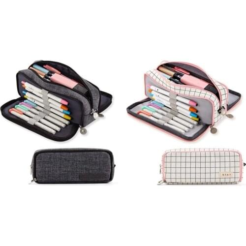 ANGOO 2 Pcs Large Pencil Case Big Capacity 3 Compartments Canvas Pencil Pouch, White Pink & Black