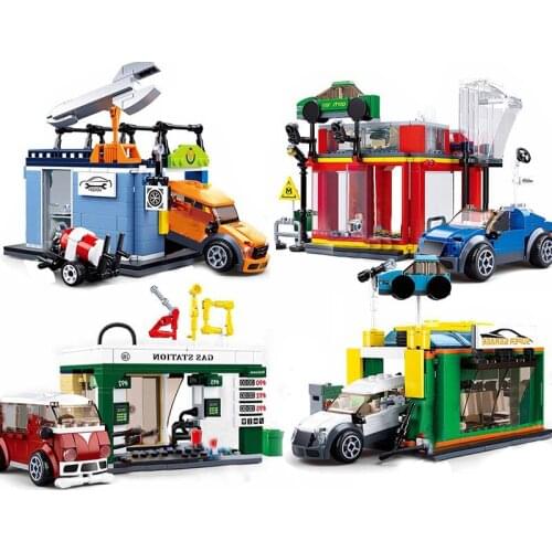 City Car Service Center Gas Station Repair Shop Vehicle Garage Building Blocks Kit Bricks Classic Model DIY Toys For Kids Gifts