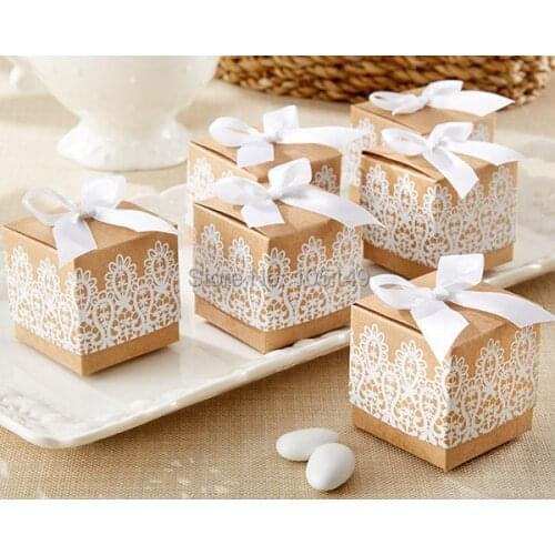 100 Pieces/lot) Creative Gift box Rustic and Lace Kraft Favor Box With Ribbon Wedding and Party Decoration Candy box paper box
