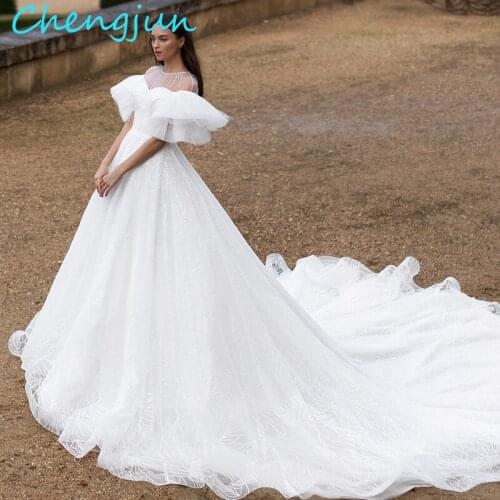 Chengjun O Neck Short Sleeve Lace Sequin Ball Gown Luxury Wedding Dress Bridal Gowns