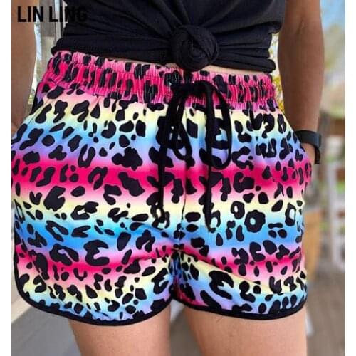 LINLING Summer Knitting Fashion Sports Leopard Pocket Shorts Versatile Female Middle Waist Drawstring Casual Pants