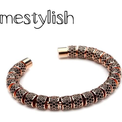 Mestylish Copper Beads Titanium Steel Bangle Micro Inlay Zircon Open Cuff Bracelet Jewelry Men Women Lover Pulseira