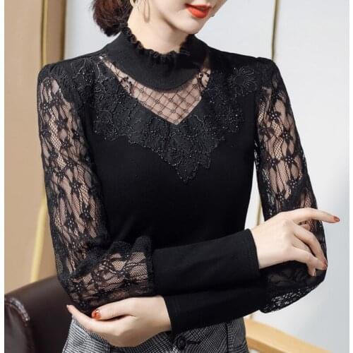 New 2021 Spring Women Lace Tops Fashion Casual Long Sleeve Turtleneck Hollow Out T-Shirt Plus Size M-4XL Black Blusas Tees