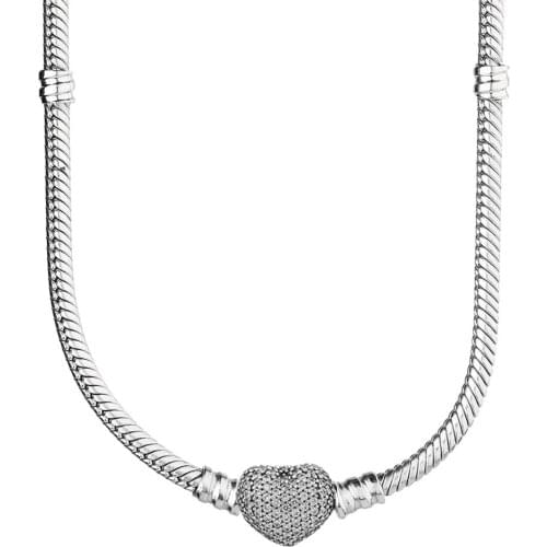 Original Moments Pave Heart Clasp With Crystal Snake Chain Necklace For 925 Sterling Silver Bead Charm Europe DIY Jewelry