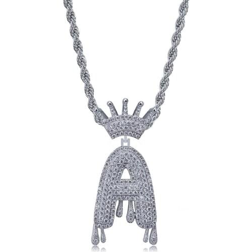 Hip Hop Gold Crown Initial English Letter A-Z Pendant Necklace Jewelry Macro Pave CZ Iced-Out Rope Chain Necklaces Gift For Him