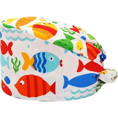 Unisex Adjustable Scrubs Hats with Protect Ears Anime Print Bouffant Nursing Cap Head Scarf Pet Lab Surgicals Caps